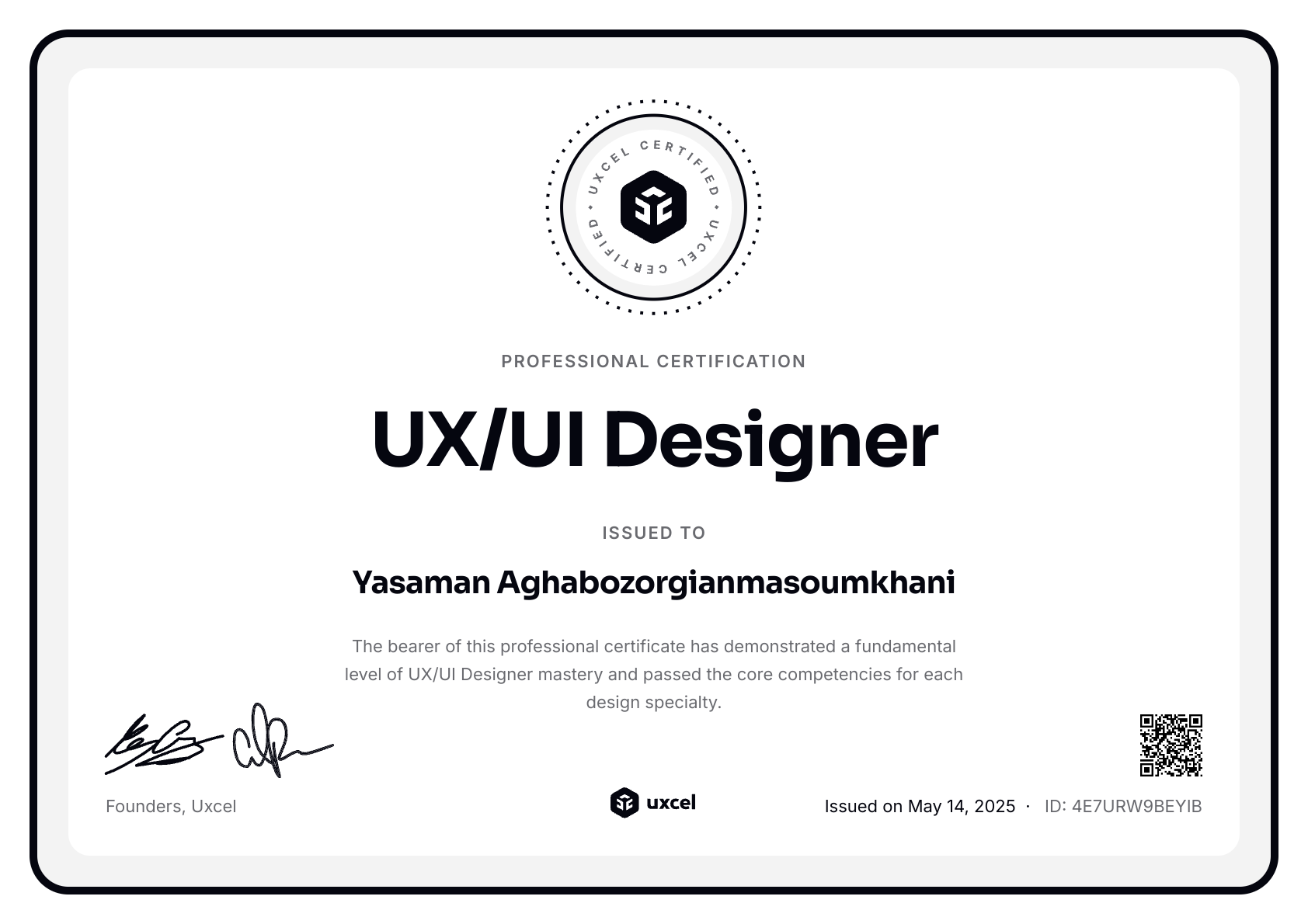 Yasaman Aghabozorgianmasoumkhani's certificate